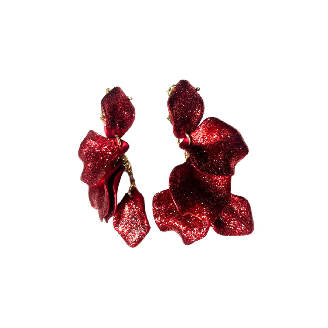 Leaf Earrings - Red Glitter